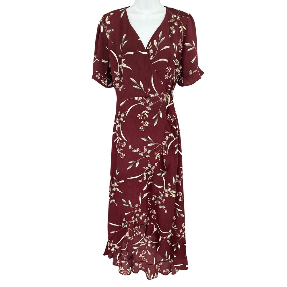 Lulus Maxi Dress Womens M Burgundy Floral Wrap High Low Ruffle Hem Party Event